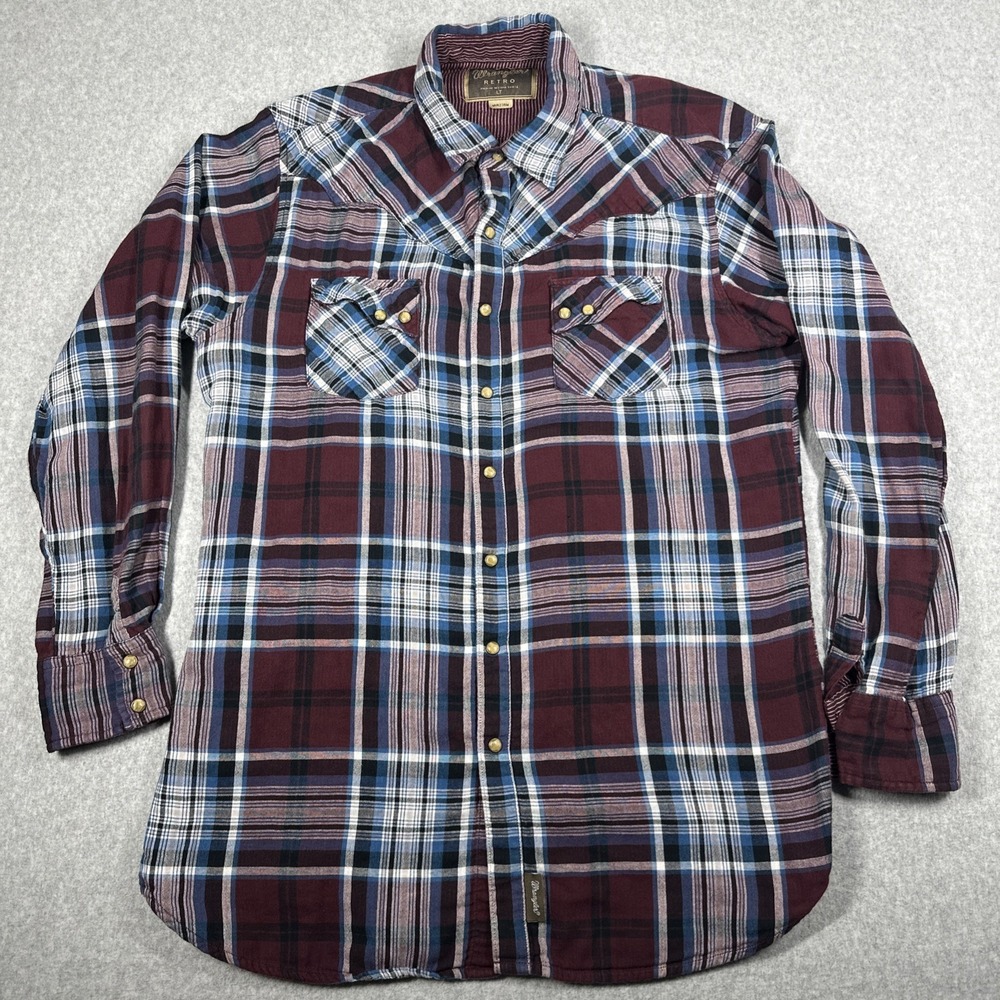 Wrangler Retro Pearl Snap Men's Large Tall Long Sleeve Plaid Burgundy Blue Black